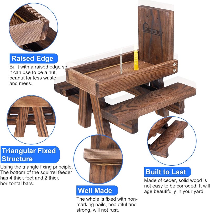 Lalafancy Squirrel Feeder Picnic Table with Umbrella, Carbonized Wood Squirrel Feeder for Outside Funny Chipmunk Feeder with Corn Cob Holder Structure Solid for Squirrel Gift - Image 4